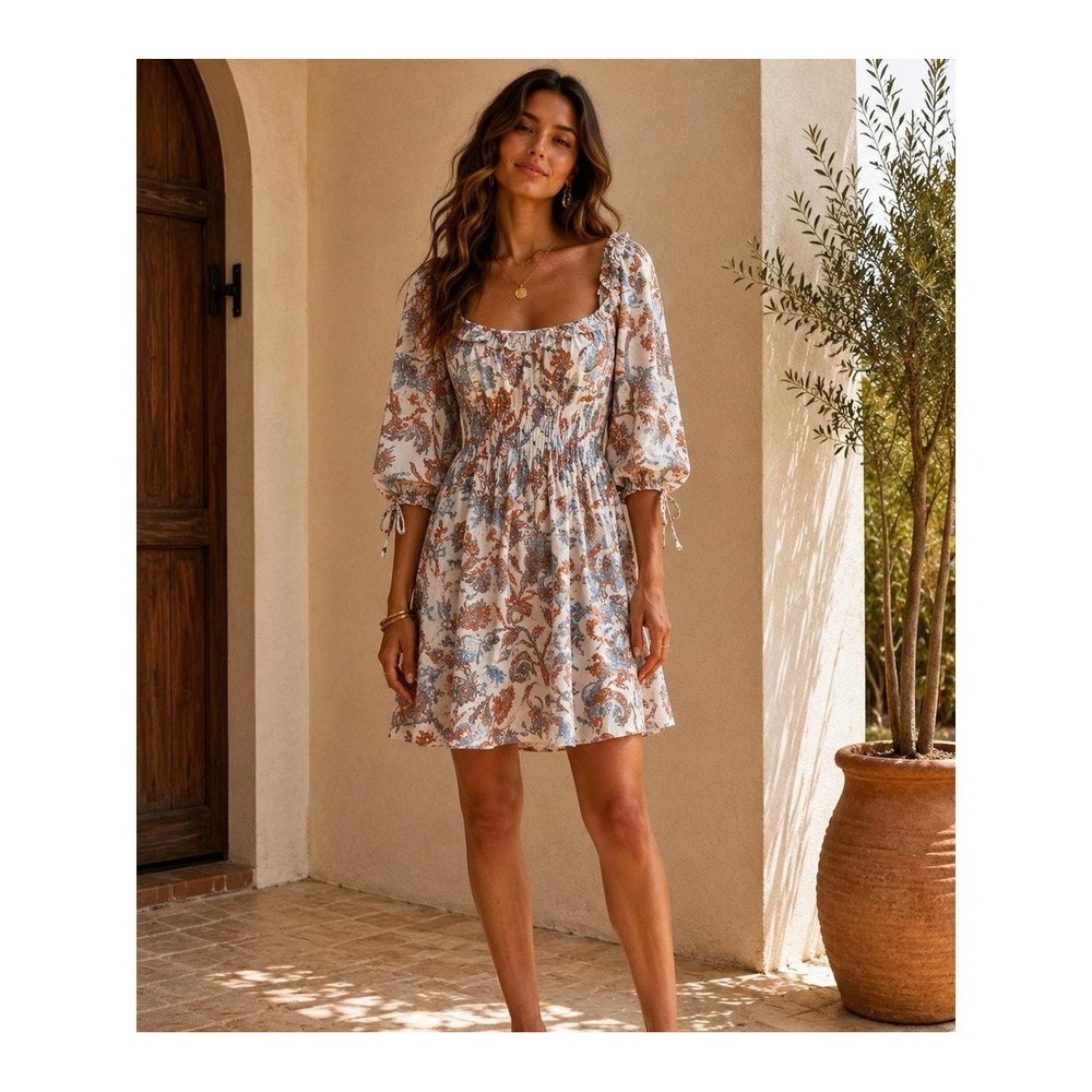 House of Harlow 1960 Nicole Richie Smocked Floral Mini Smocked Pockets Dress L